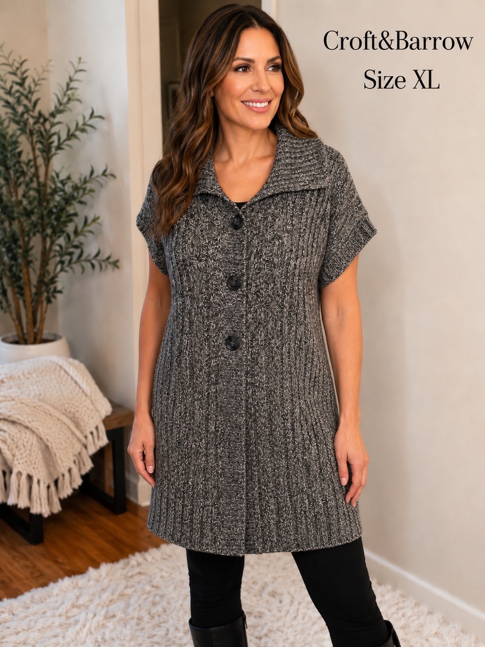 Croft & Barrow XL Gray Marled Cable Knit Button Front Sweater Tunic